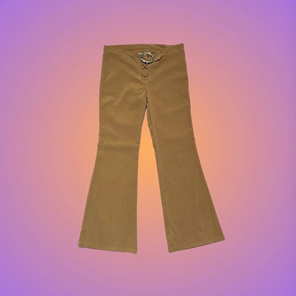 Vintage Brown Belted w Turquoise Gem Belted Trousers Y2K Retro Flare Pants Sz L